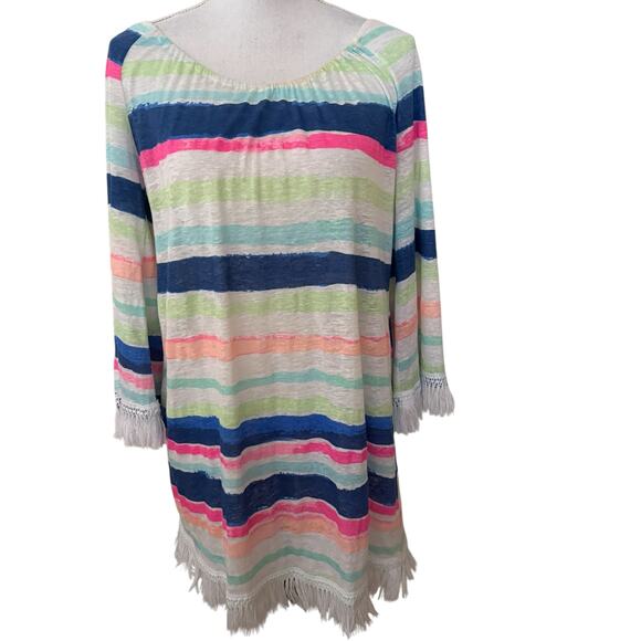 Lilly Pulitzer Striped Tassel Hem Bell Sleeve Swim Cover-Up Linen Tunic Dress M - Picture 5 of 16